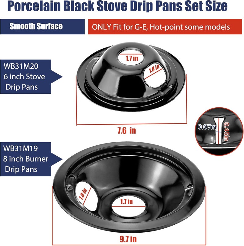 Fetechmate WB31M20 WB31M19 Black Porcelain Drip Pans Replacement for G-E Hot-point Electric Rang/Stove Electric Stove Burner Drip Pans of 4 Replace WB31T10014, WB31T10015, WB31M0019, WB31M0020-Style B - Image 2